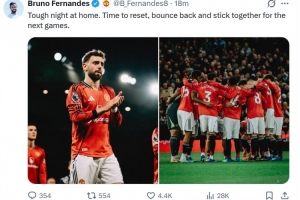 B费社媒鼓励球队：主场经历艰难的失利，是时候团结一致重振旗鼓