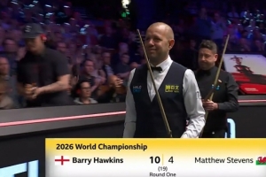 霍金斯10-4两届世锦赛亚军史蒂文斯，晋级斯诺克世锦赛16强